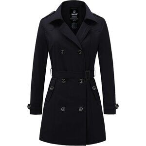 Women's Black Waterproof Trench Coat with Classic Lapel and Belted Design